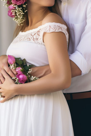 cropped shot of a man holding up his pregnant wife on their wedding dayの素材
