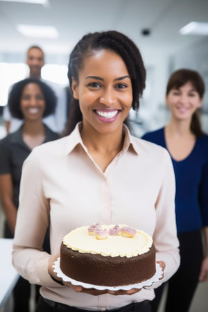 portrait of happy mixed race woman holding cake with colleagues in backgroundの素材