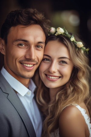 portrait of a beautiful young woman celebrating with her husband on their wedding dayの素材