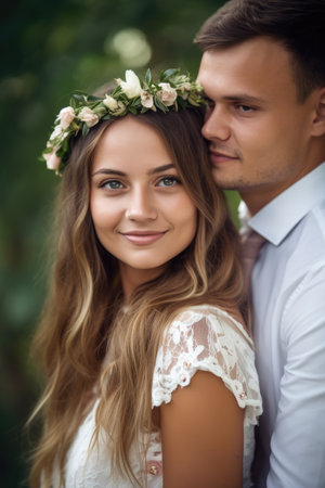 portrait of a beautiful young woman celebrating with her husband on their wedding dayの素材