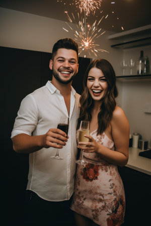 shot of two people celebrating with champagne at their engagement partyの素材