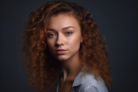 portrait of a young woman with beautiful curly hair isolated on a gray backgroundの素材