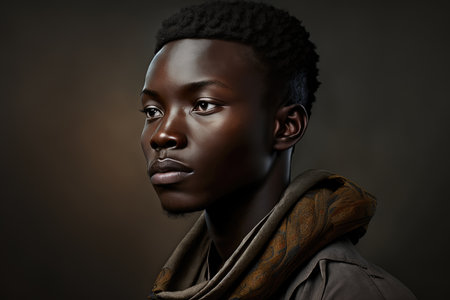 studio shot of a young african man looking thoughtful against a grey backgroundの素材