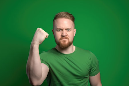 victory fist, portrait and man in studio on a green background for branding or advertisingの素材