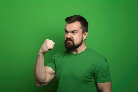victory fist, portrait and man in studio on a green background for branding or advertisingの素材