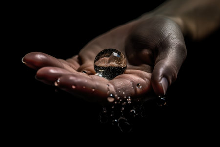 closeup of hands holding a water droplet between fingers on black backgroundの素材