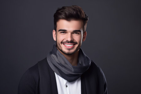 studio shot of a handsome young man posing against a gray backgroundの素材