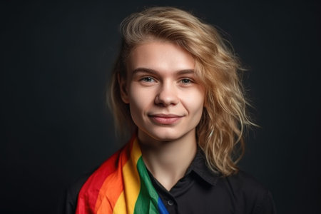 woman, portrait and smile with banner for pride, diversity and celebration on gray backgroundの素材