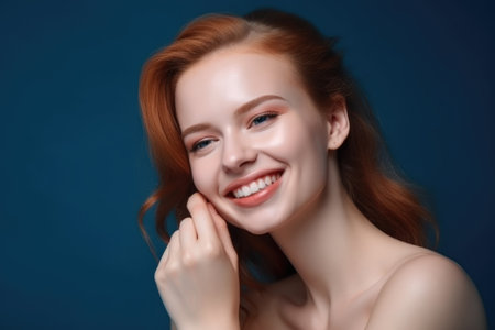 woman, portrait and smile for beauty, skincare and cosmetics against a blue studio backgroundの素材