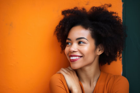 beauty portrait, smile and natural hair of a woman by an orange wall in her houseの素材