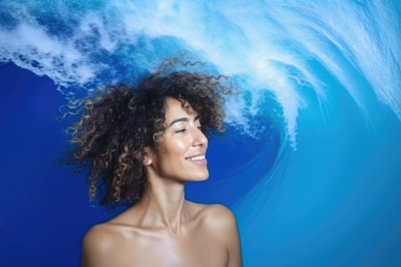 wave, portrait and woman in studio for freedom on a blue background for empowermentの素材