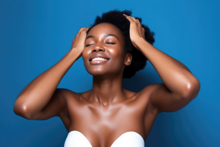 studio shot of a young african american woman holding up her skin and posing against a blue backgroundの素材