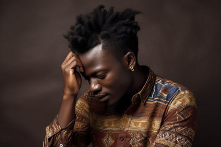 studio shot of a young african man holding his hairの素材