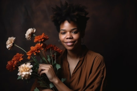 portrait, black woman and studio with flowers for happiness aesthetic on brown backgroundの素材