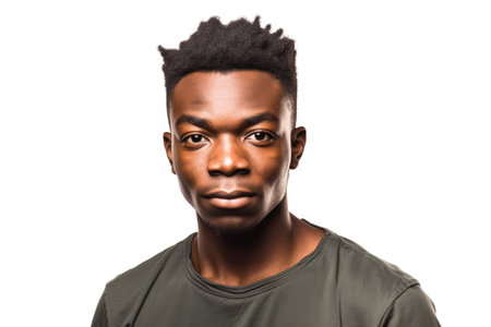 studio shot of a young african man holding his head in pain isolated on whiteの素材