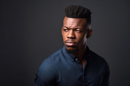 studio shot of a handsome young african american man posing against a gray backgroundの素材