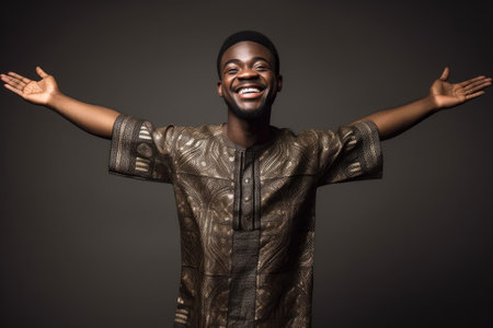studio shot of a young african man standing with his arms outstretchedの素材
