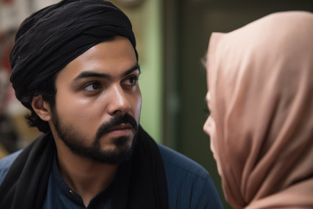 a muslim man listening to a woman speakの素材