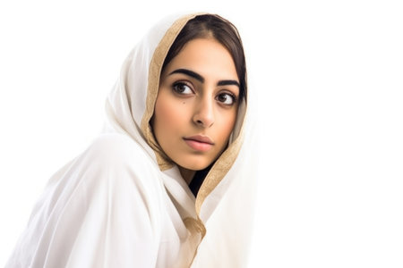 a pretty middle eastern woman wearing a hijab and holding copyspace while isolated on whiteの素材