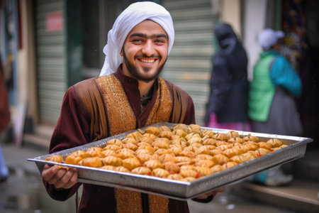 a young muslim street vendor holding a tray of freshly baked baklavaの素材