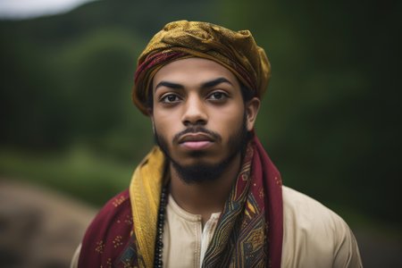 a young muslim man dressed up in his religious clothingの素材