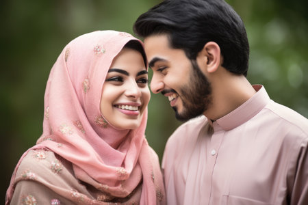 a young muslim couple smiling and being affectionate with one anotherの素材