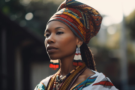 shot of an ethnic woman in a headdress standing outsideの素材