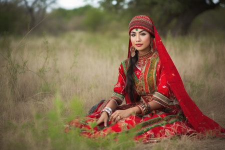 an attractive ethnic woman wearing traditional clothing sitting in a fieldの素材