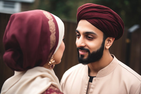 cropped shot of a muslim man and woman talkingの素材