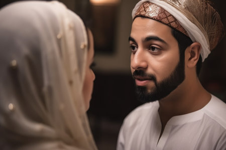cropped shot of a muslim man and woman talkingの素材