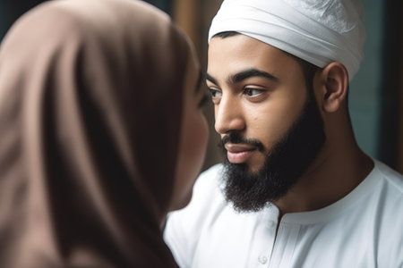 cropped shot of a muslim man and woman talkingの素材