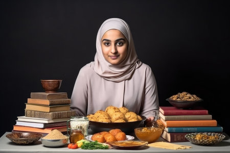 a young muslim woman holding a book and sitting in front of a table stacked with foodの素材
