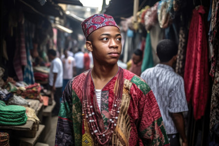 a young man walking through a market while wearing traditional clothingの素材