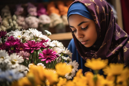 a young muslim woman looking down at some flowersの素材