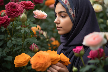 a young muslim woman looking down at some flowersの素材
