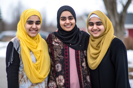 three young muslim women standing outsideの素材