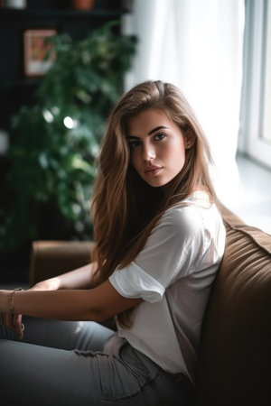 portrait of an attractive young woman relaxing at homeの素材