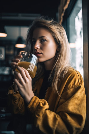 a young woman drinking her morning coffeeの素材