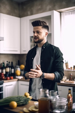 shot of a young man giving a presentation in the kitchenの素材