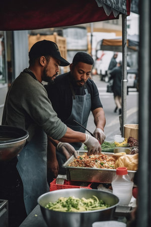 shot of a man working at his food cart with a colleagueの素材