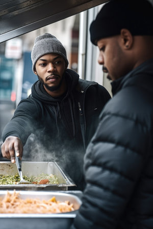 shot of a man working at his food cart with a colleagueの素材