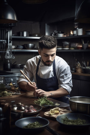 shot of a young male chef working in his kitchenの素材