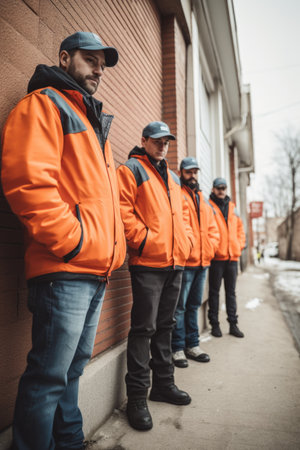 shot of a group of delivery men standing together while making deliveriesの素材
