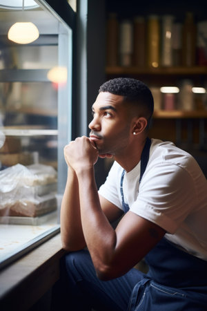 shot of a man looking thoughtful while sitting in his bakeryの素材