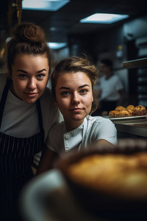 shot of a young woman and an employee in the kitchen of a cafeの素材