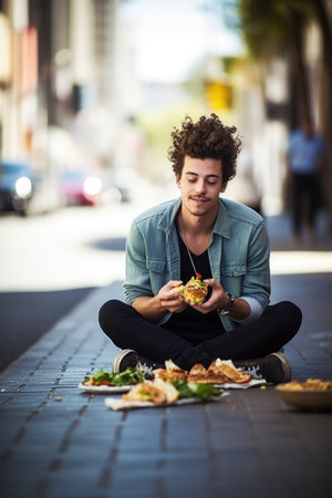 shot of a young man enjoying his lunch on the sidewalkの素材