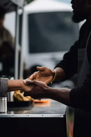 shot of two people shaking hands in a food truckの素材