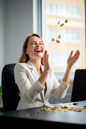 income, successful and business woman clapping in a office for winning deal or campaignの素材