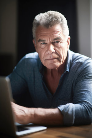 portrait of a mature man working on a laptop in his officeの素材