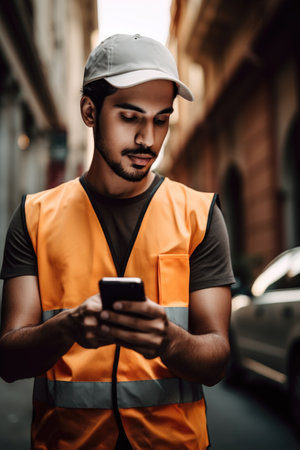 shot of a young delivery man using his smartphone while making a deliveryの素材